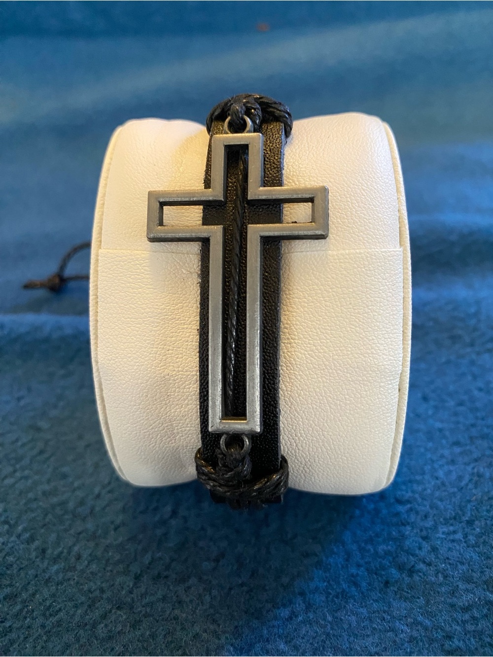 Black Cross Leather Cord Adjustable Bracelet - Men's Religious Accessory